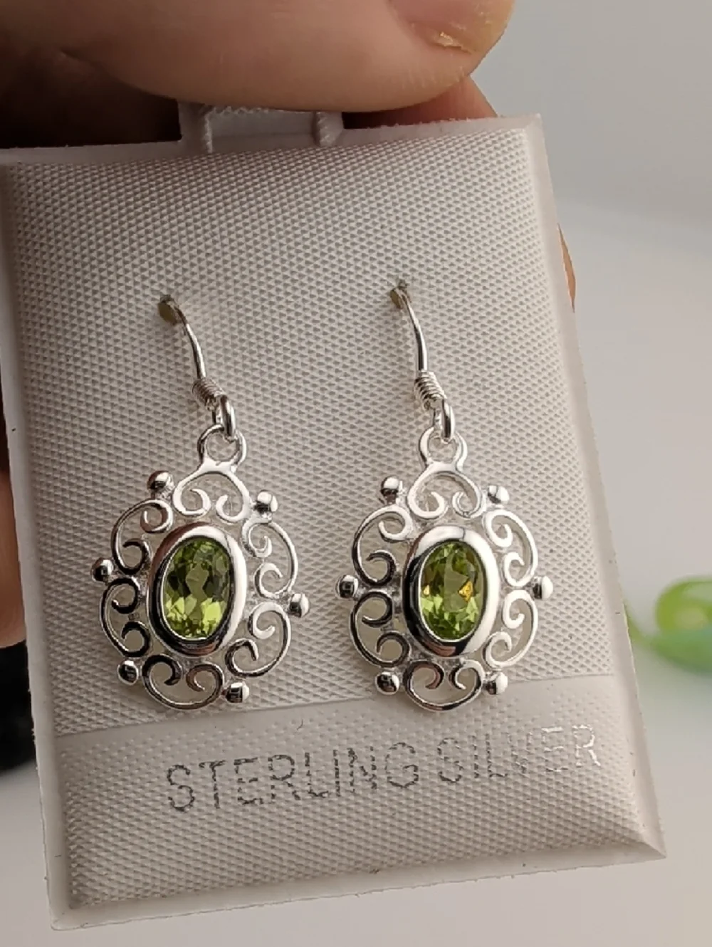 Sterling Silver Peridot Scrollwork Drop Earrings - Green - Picture 3 of 6